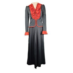 1970's Vintage Two Piece Soft Suit High Waisted Bell Bottom Ruffle Blouse
